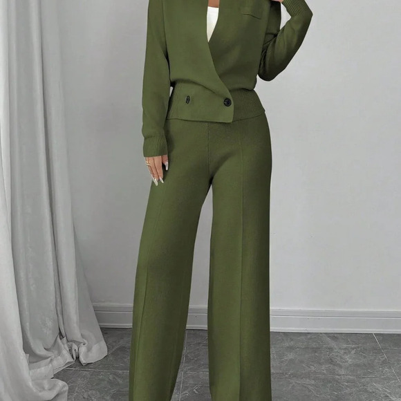 Green Elegant Women's Loose Long Sleeve Crew Neck  Knit Sweater & Suit Pants Set - Picture 8 of 8